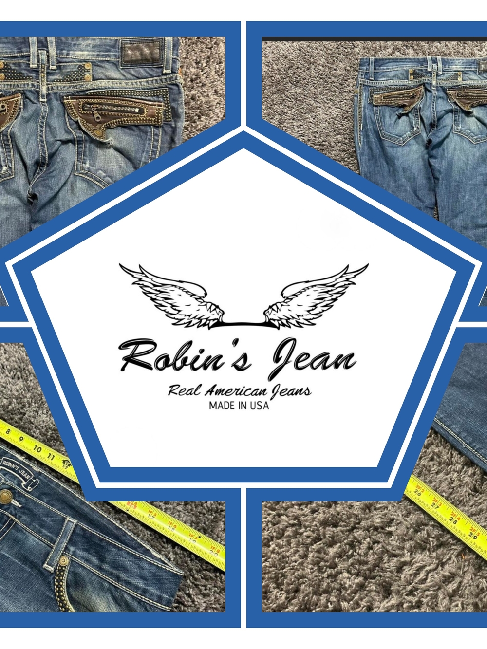 Robin's Jeans 38/32 Straight Jeans with Distinctive Brown Leather Back Flap